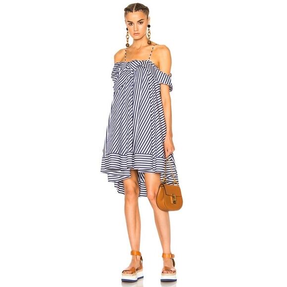 MSGM Blue Striped Cotton Cold Shoulder Lined Square Neckline Dress Size 38 - Picture 1 of 16
